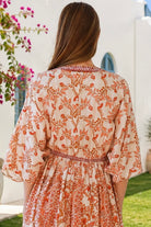 Shop Cinnamon V-Neck Kimono Sleeve Maxi Dress in rayon with a warm boho print at Bohemian Love Runway Australia