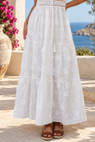 Demi white embroidered cotton boho maxi dress with crochet lace by Salty Palm at Bohemian Love Runway