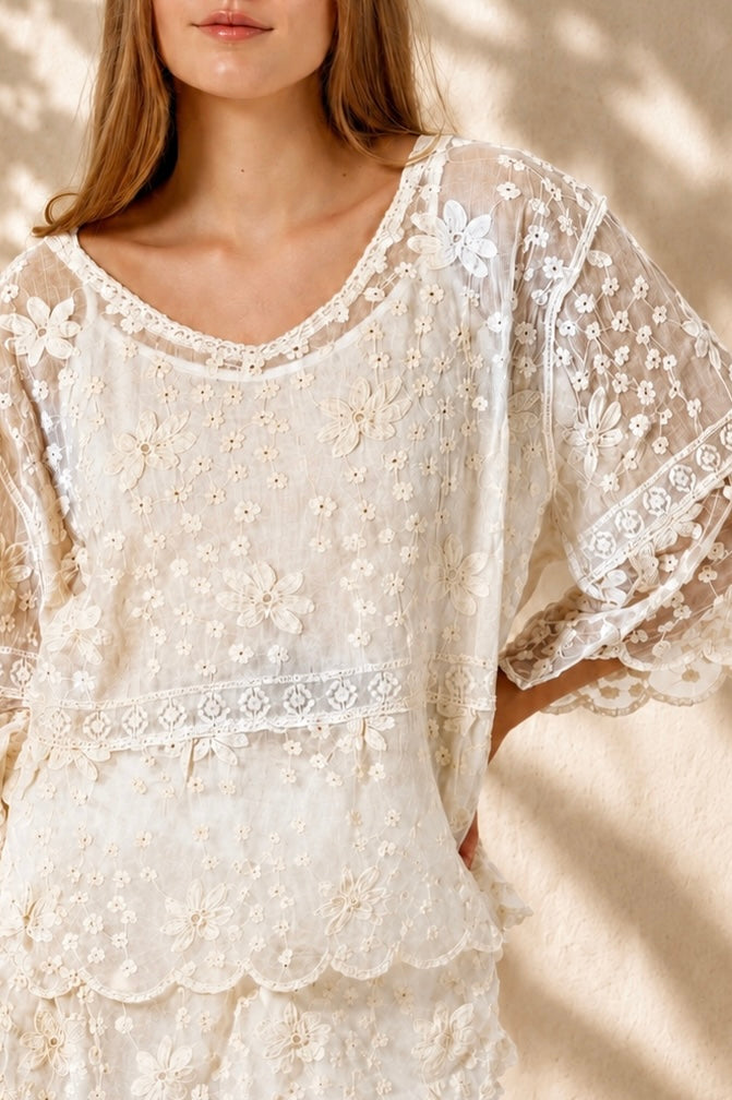 A woman wearing a cream lace top with three-quarter sleeves and white shorts, standing in front of a warm beige wall with leaf shadows.