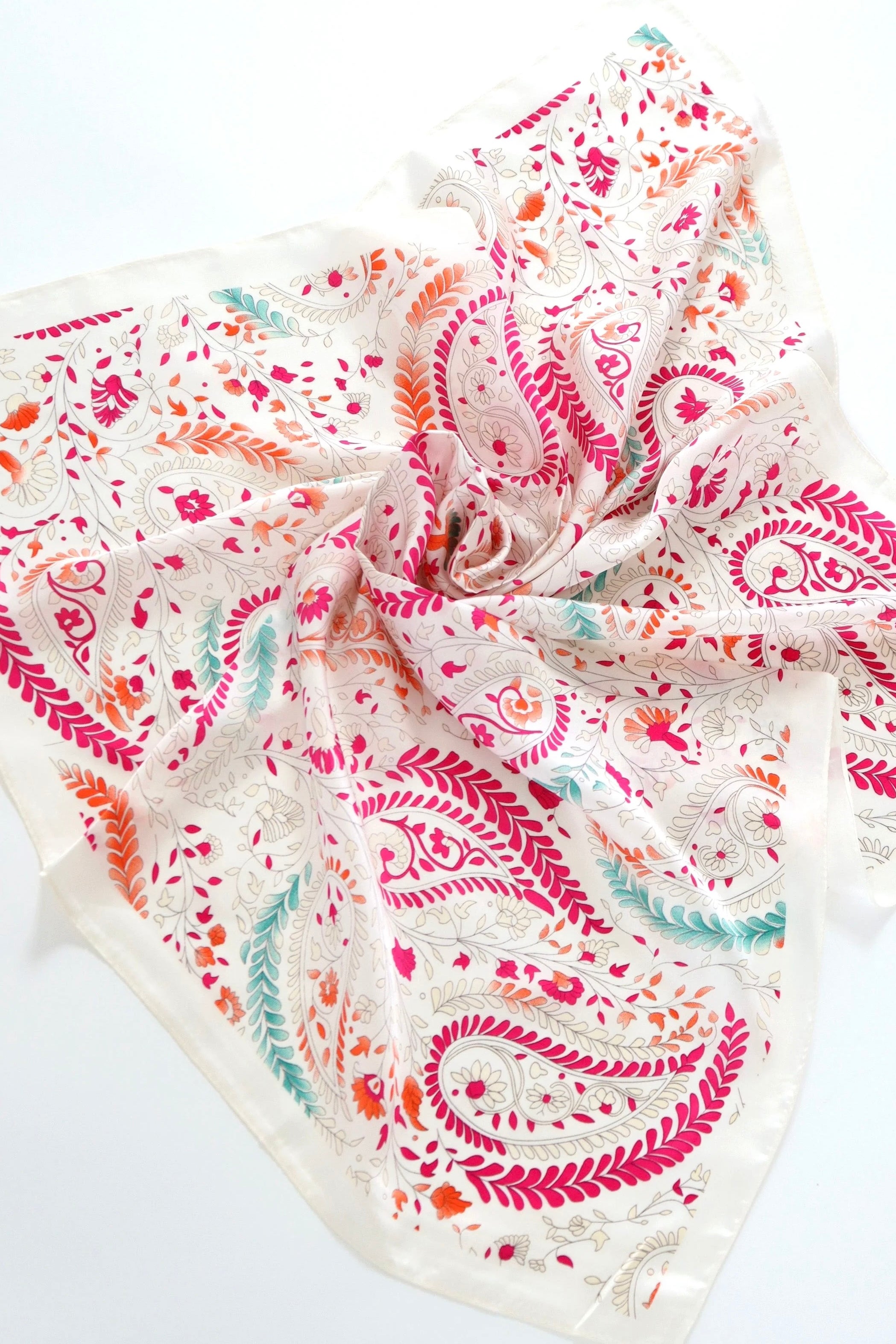 Camille Floral Paisley Bandana Scarf worn as a floral head scarf and bandeau top in blush pink paisley print