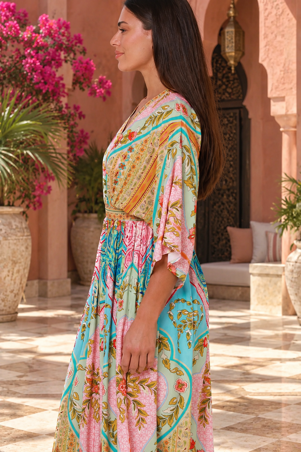 Amara pink turquoise floral paisley maxi dress by Dream Catcher with V-neck, kimono sleeves and border print