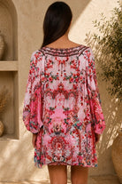 Clara Embellished Tunic Blouse Rose by Peacock Feather with rhinestone neckline floral viscose crepe one size