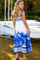 Blue and white floral boho maxi dress with statement border print at Bohemian Love Runway 