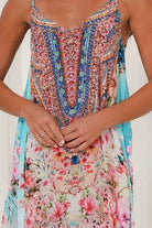 Peacock Feather Mirage floral maxi dress with adjustable straps and rhinestone embellished bodice