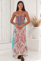 Peacock Feather Mirage floral maxi dress with adjustable straps and rhinestone embellished bodice