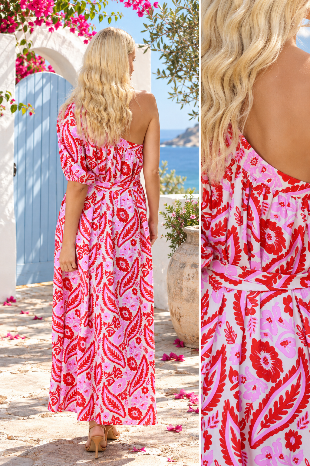 Eve pink paisley one shoulder maxi dress by Dreamcatcher in 100% rayon with tie waist and floral print