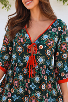 Emily rayon boho mini dress empire line waist, tie front with three quarter sleeves | Bohemian Love Runway 