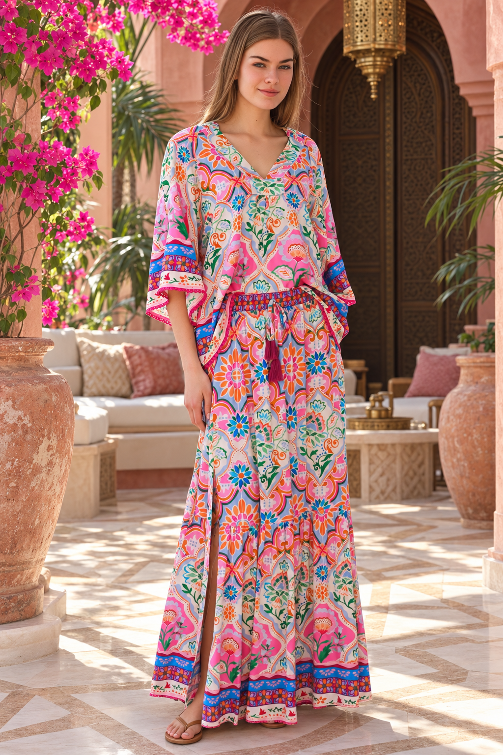 Dreamcatcher Aurora Pink Mosaic maxi skirt with elastic tie waist and oversized frill hemline | Bohemian Love Runway 