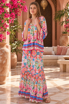 Dreamcatcher Aurora Pink Mosaic maxi skirt with elastic tie waist and oversized frill hemline | Bohemian Love Runway 