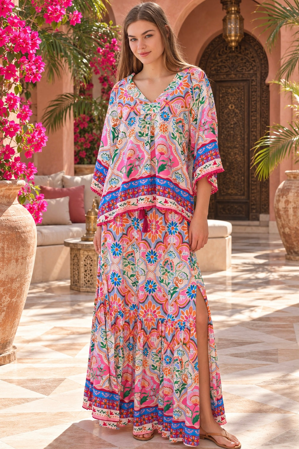 Dreamcatcher Aurora Pink Mosaic maxi skirt with elastic tie waist and oversized frill hemline | Bohemian Love Runway 