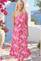 Eve pink paisley one shoulder maxi dress by Dreamcatcher in 100% rayon with tie waist and floral print