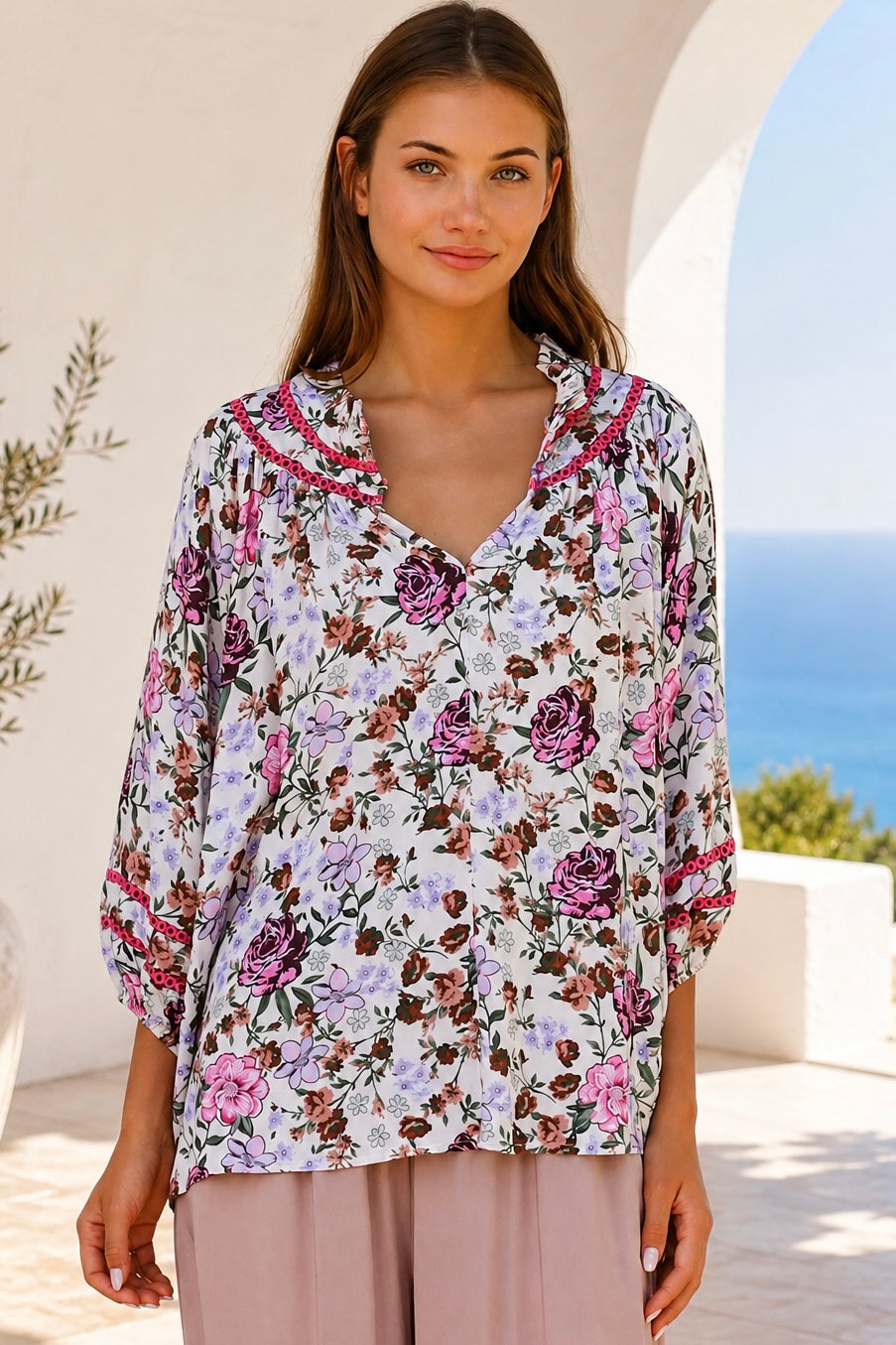 Primrose pink floral rayon blouse by Charlotte The Label | Shop Bohemian Love Runway