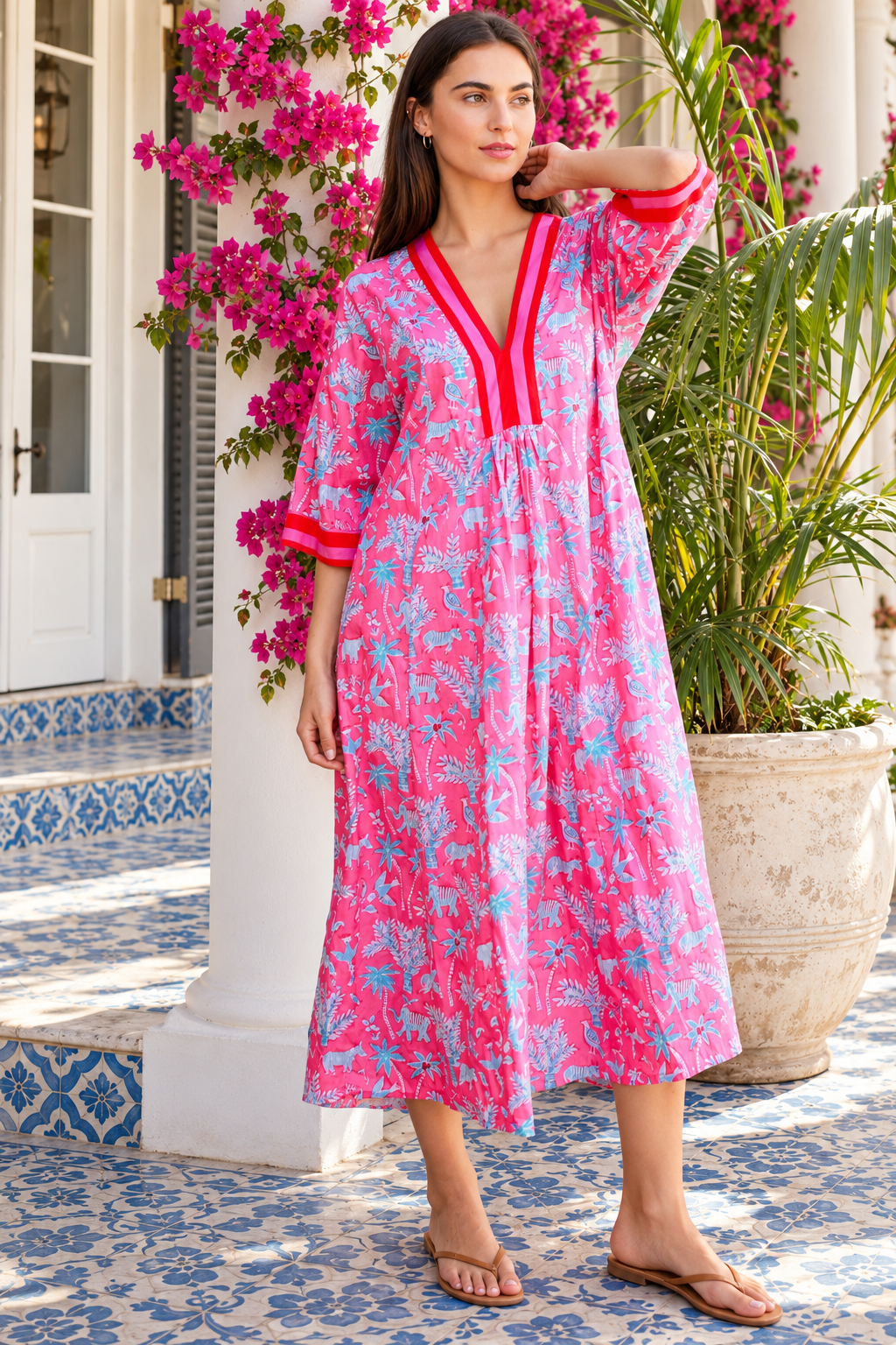 Sanctuary Pluto Pink cotton boho midi dress with turquoise wildlife block print, V-neckline and contrast trim