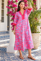 Sanctuary Pluto Pink cotton boho midi dress with turquoise wildlife block print, V-neckline and contrast trim