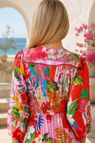 Scarlet floral long sleeve boho maxi dress with V-neck, buttons, elastic waist and lace detail at Bohemian Love Runway