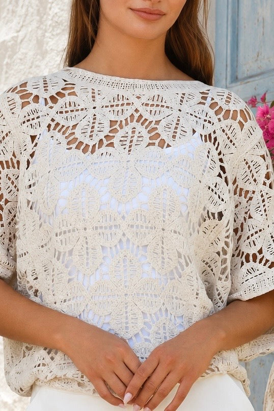 A woman wearing a white crochet lace short-sleeve top, shown from the chest down against a light textured wall and blue door background.
