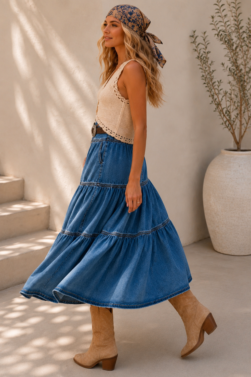 A woman models a bohemian-style outfit featuring a high-waisted, tiered blue denim skirt with a decorative belt, paired with a cream crochet top and beige boots, set against a sunlit neutral background.