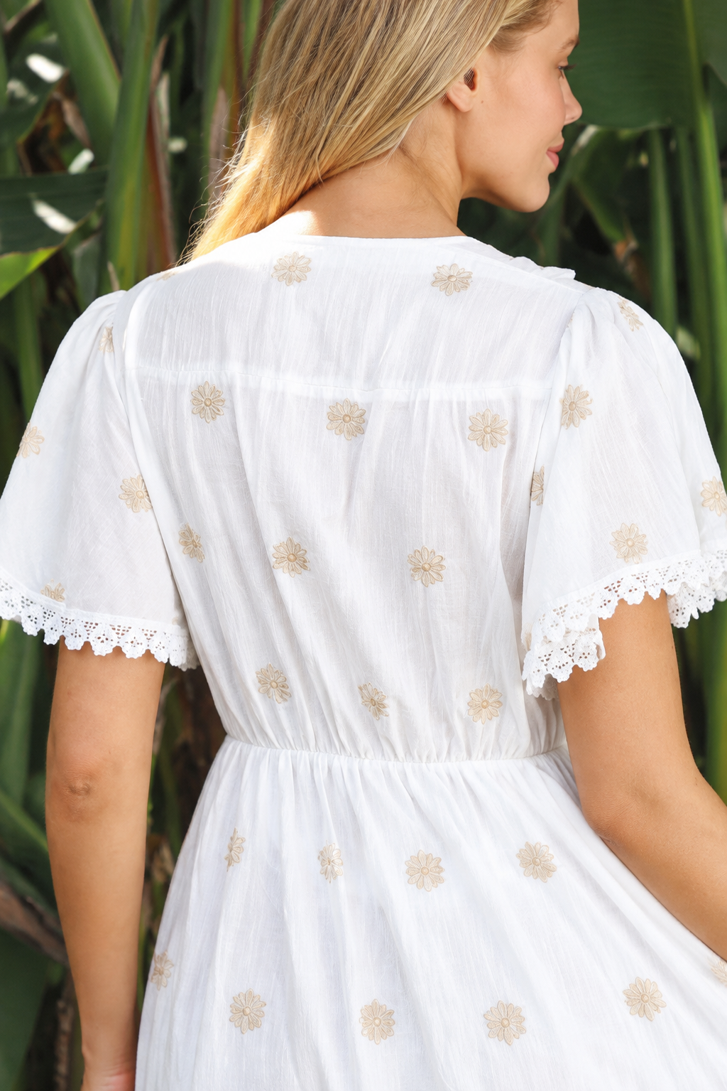Honeyed Garden white cotton boho dress with ivory beige floral embroidery and lace detailing