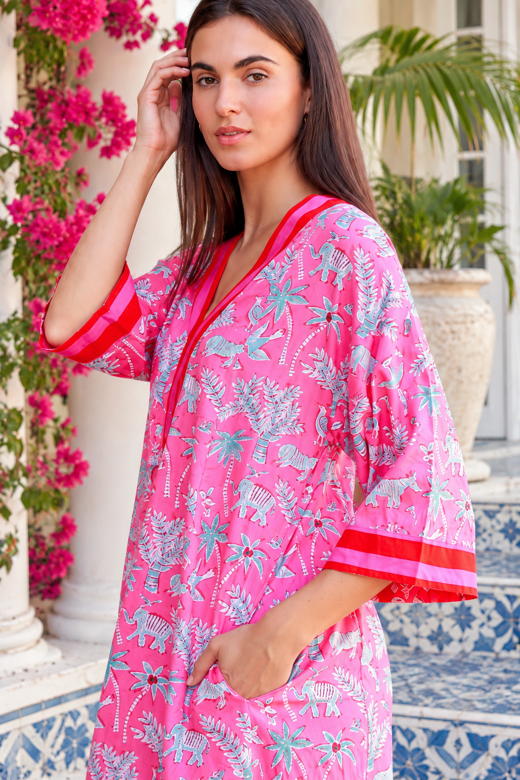 Sanctuary Pluto Pink cotton boho midi dress with turquoise wildlife block print, V-neckline and contrast trim