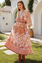 Shop Cinnamon V-Neck Kimono Sleeve Maxi Dress in rayon with a warm boho print at Bohemian Love Runway Australia