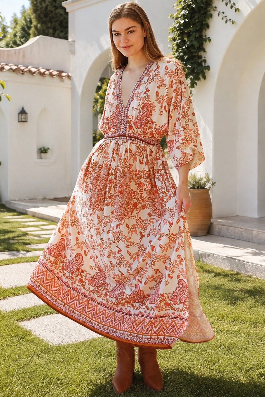 Shop Cinnamon V-Neck Kimono Sleeve Maxi Dress in rayon with a warm boho print at Bohemian Love Runway Australia