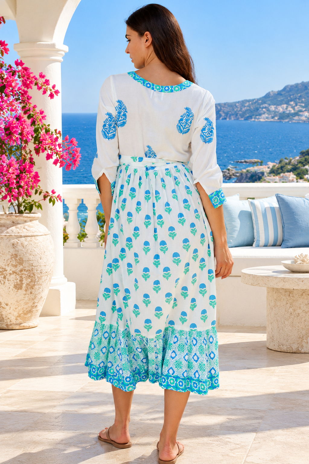 Lovebird Cotton Midi Dress Blue by Peacock Feather, white cotton boho midi dress with blue floral and border prints
