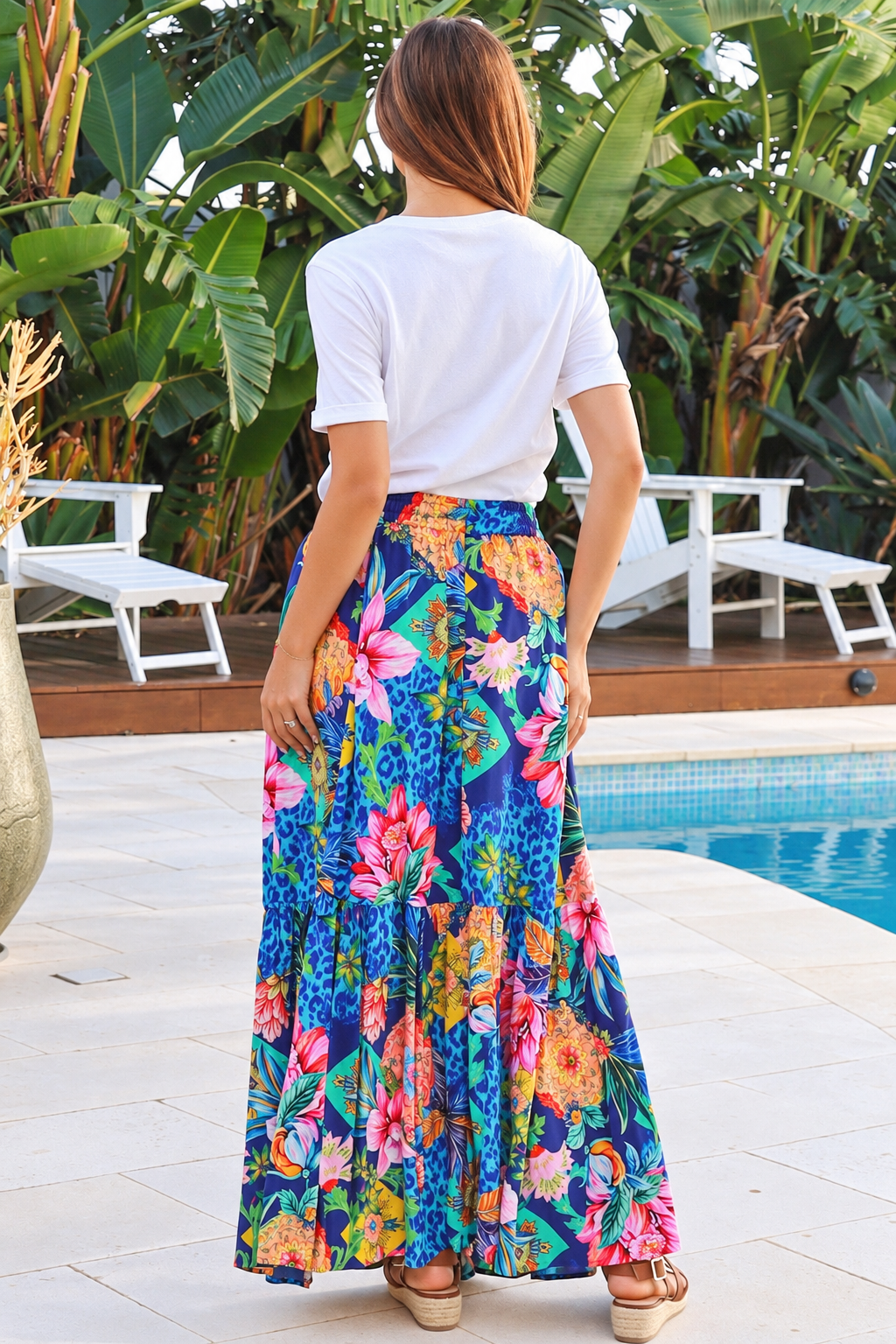 Wild Tropic blue boho maxi skirt with tropical floral print, side splits, tassel tie and flowing tiered hem
