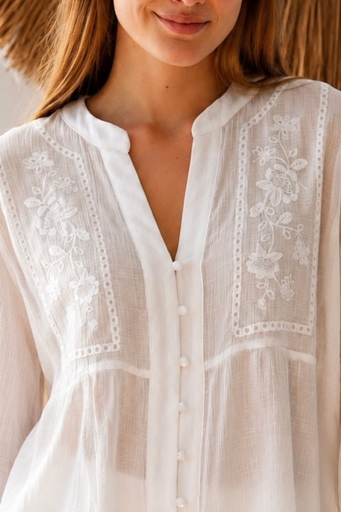  Paige white embroidered blouse by Salty Palm with floral panels, split neckline and long relaxed sleeves