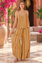Amara printed rayon palazzo pants by Dreamcatcher with floral stripes, wide legs, elastic drawstring waist and side pockets | Bohemian Love Runway
