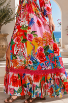 Scarlet floral long sleeve boho maxi dress with V-neck, buttons, elastic waist and lace detail at Bohemian Love Runway