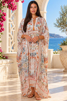 Mirage Desert Bloom boho kaftan in ivory, terracotta and teal viscose crepe with rhinestone detail