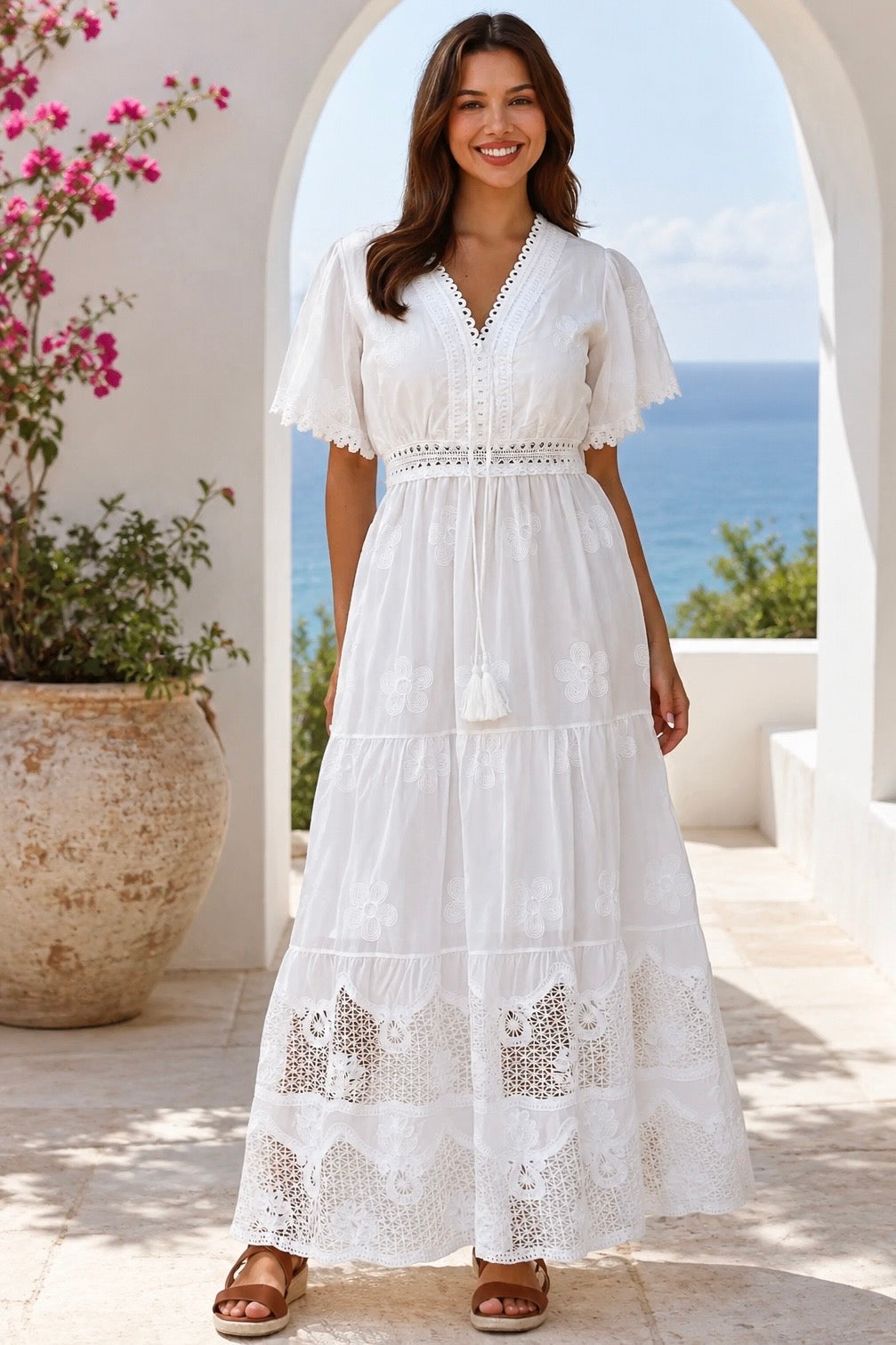 Willow white embroidered cotton maxi dress with openwork lace and tassel ties by Salty Palm at Bohemian Love Runway