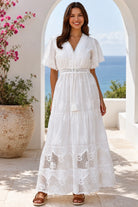 Willow white embroidered cotton maxi dress with openwork lace and tassel ties by Salty Palm at Bohemian Love Runway