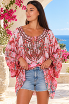 Clara Embellished Tunic Blouse Rose by Peacock Feather with rhinestone neckline floral viscose crepe one size