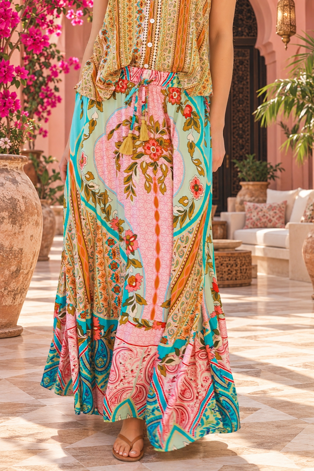 Amara floral boho maxi skirt with drawstring waist and tassel ties by dreamcatcher | Bohemian Love Runway 
