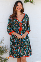 Emily rayon boho mini dress empire line waist, tie front with three quarter sleeves | Bohemian Love Runway 