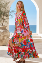 Scarlet floral long sleeve boho maxi dress with V-neck, buttons, elastic waist and lace detail at Bohemian Love Runway