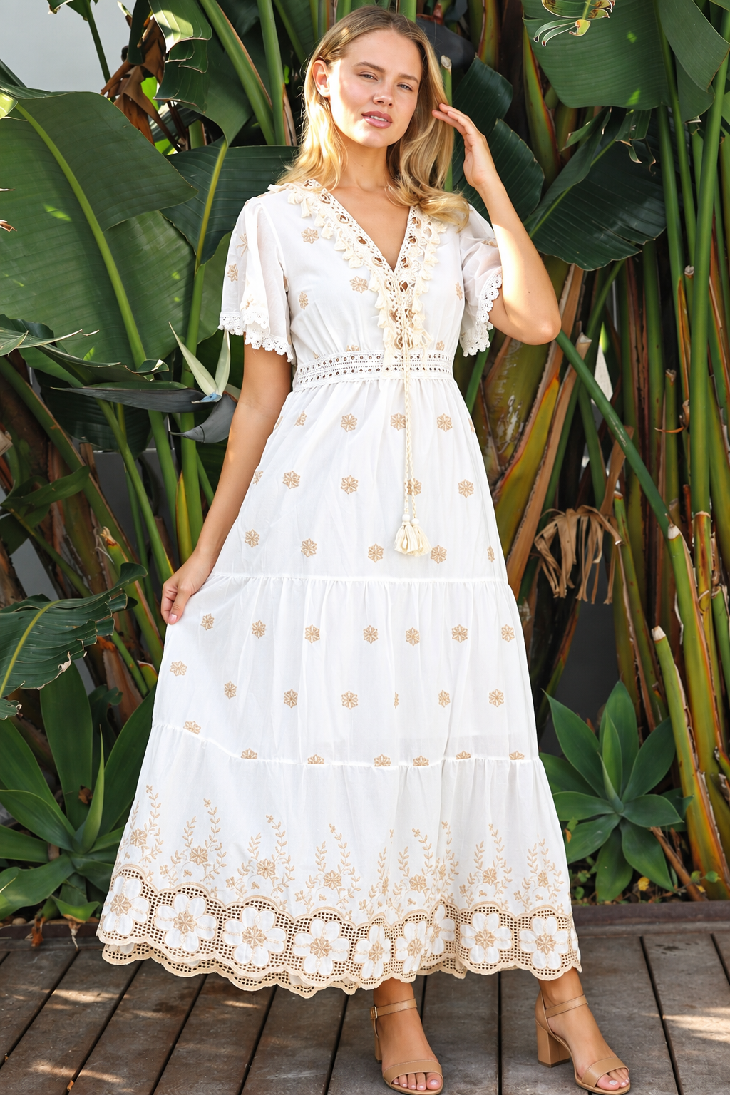 Honeyed Garden white cotton boho dress with ivory beige floral embroidery and lace detailing
