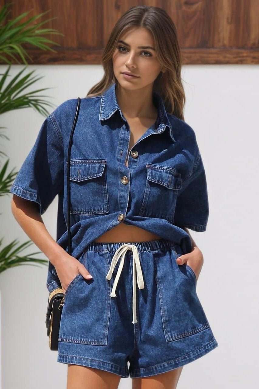 Indigo denim shirt and shorts set with relaxed fit and elastic waist – casual boho summer outfit Australia