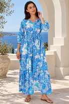 Emerson Cotton Maxi Dress Rory Blue with vintage blue floral print, button front, tassel drawstring waist and tiered skirt