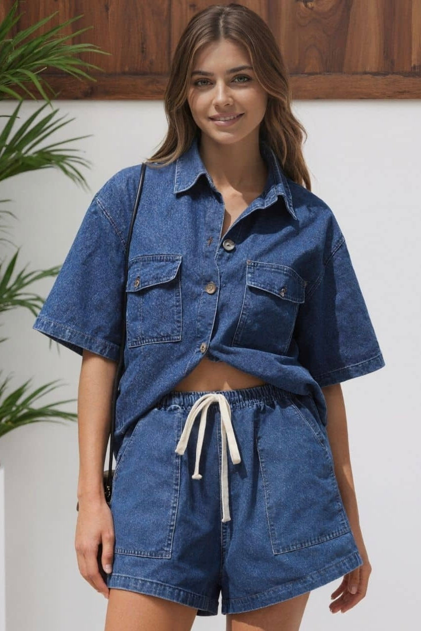 Indigo denim shirt and shorts set with relaxed fit and elastic waist – casual boho summer outfit Australia