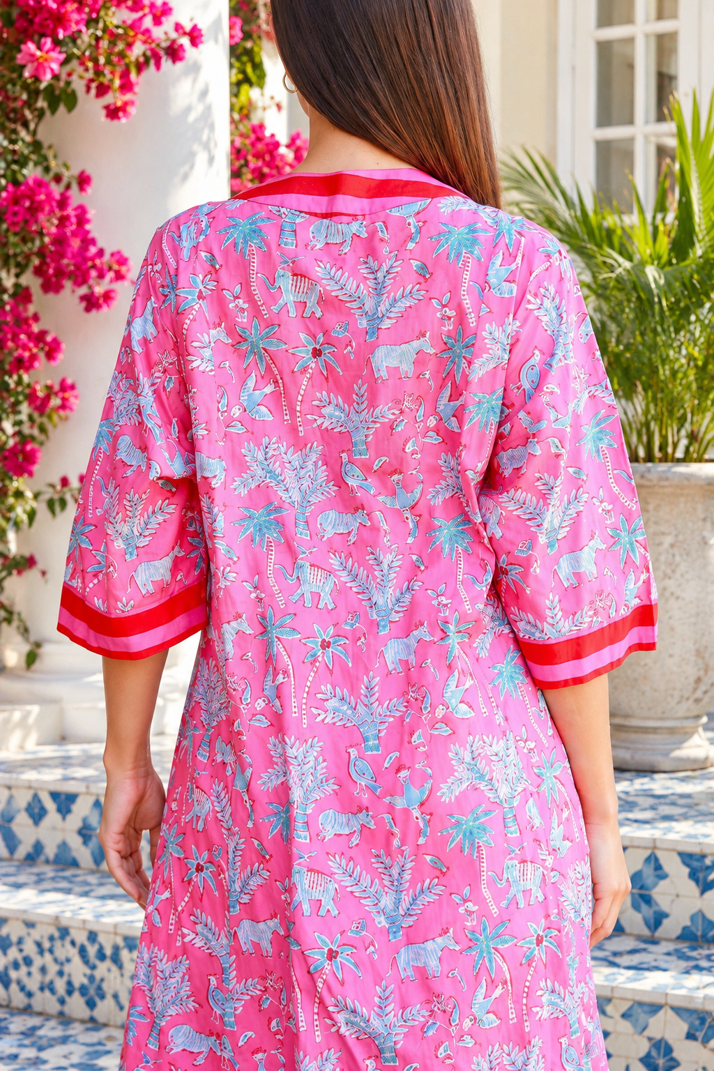 Sanctuary Pluto Pink cotton boho midi dress with turquoise wildlife block print, V-neckline and contrast trim