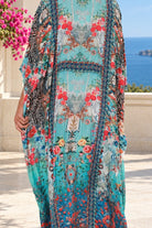 Mirage Floral Kaftan Turquoise Bloom by Peacock Feather the Label in viscose crepe with botanical boho print