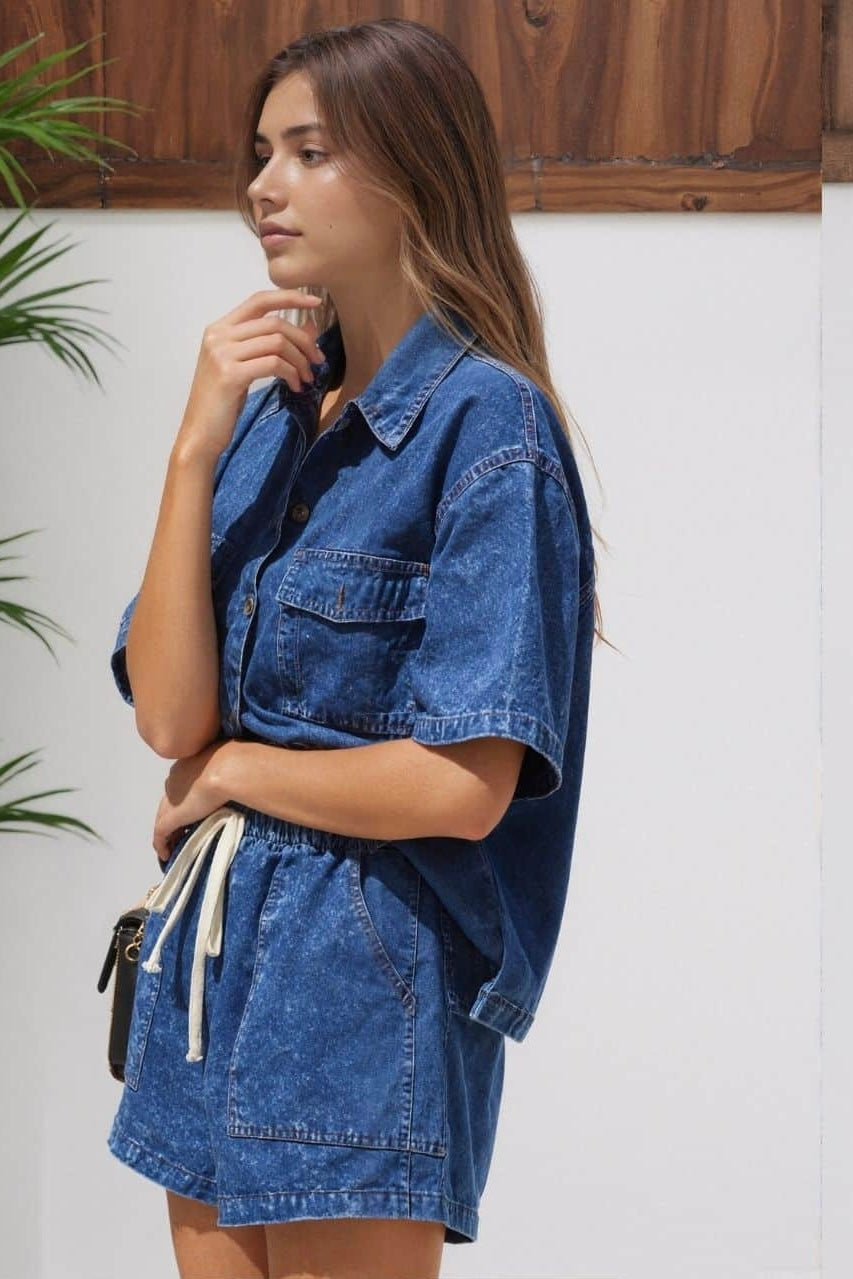 Indigo denim shirt and shorts set with relaxed fit and elastic waist – casual boho summer outfit Australia