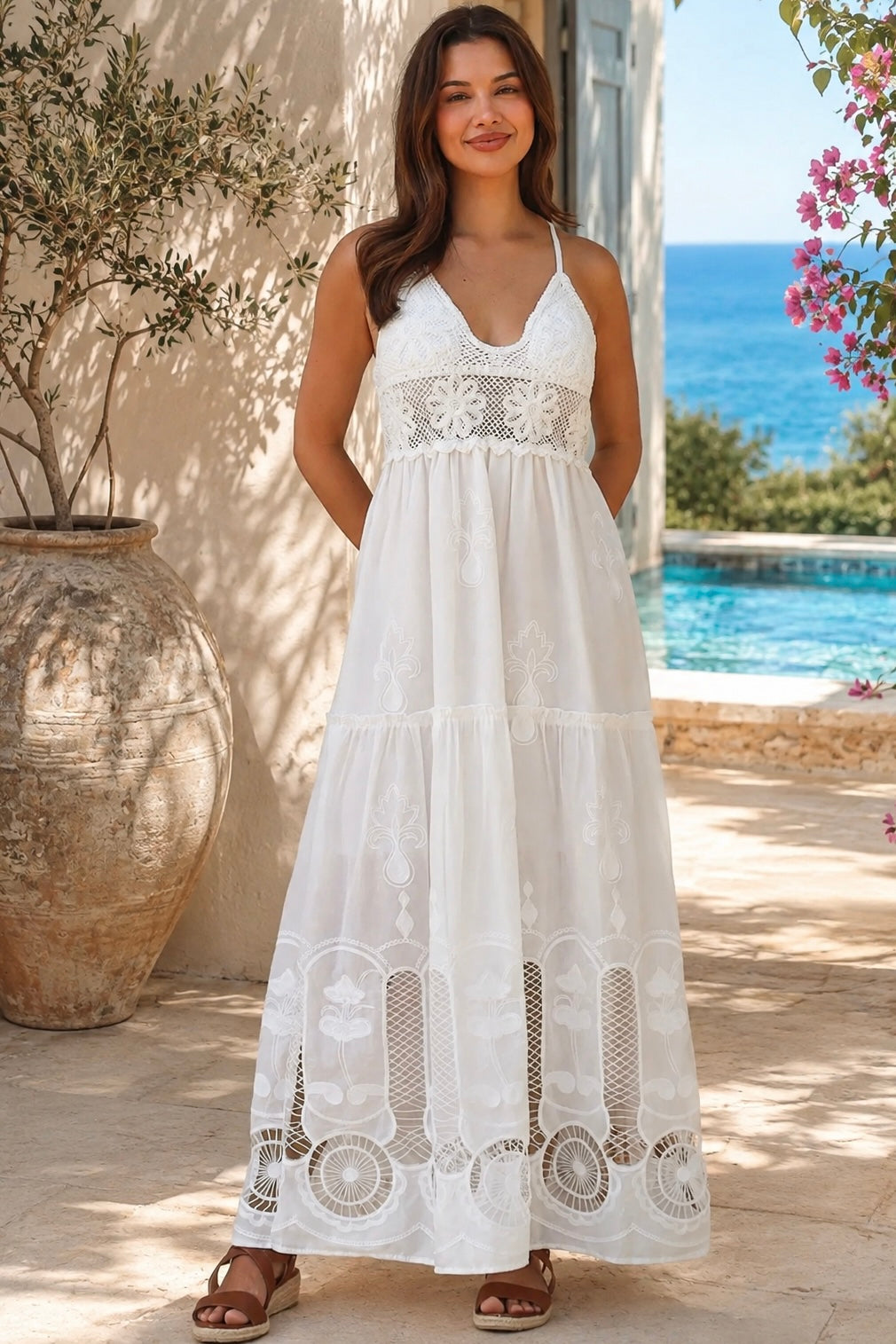 Alexandra white embroidered cotton maxi dress with tiered skirt | Shop Bohemian Love Runway Australia