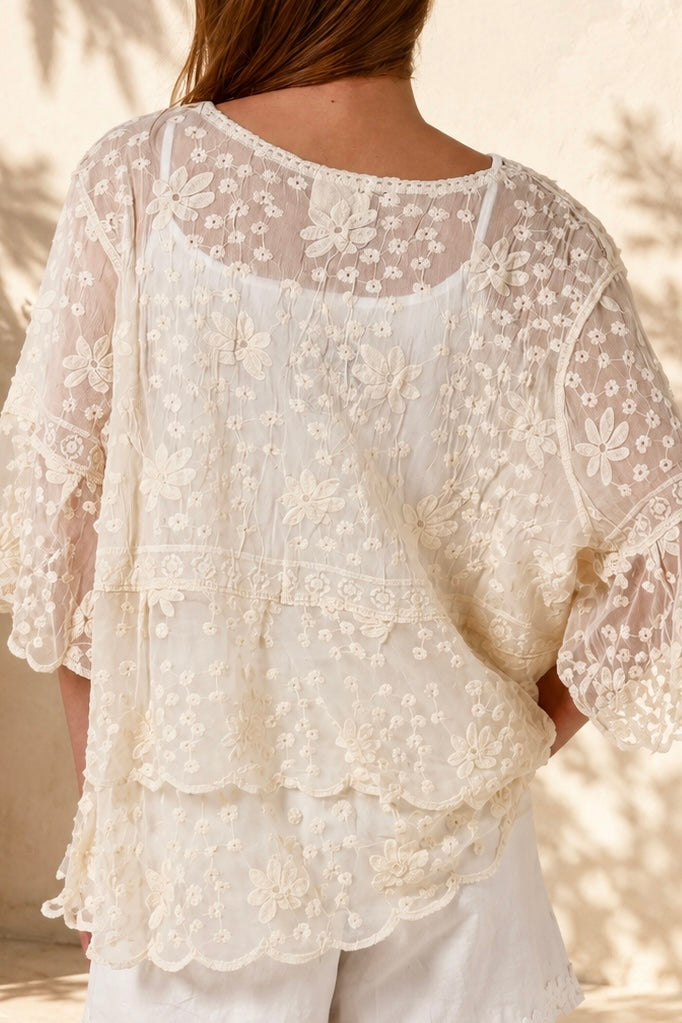 A woman wearing a cream lace top with three-quarter sleeves and white shorts, standing in front of a warm beige wall with leaf shadows.