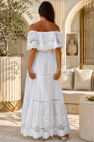 Rose white embroidered cotton maxi dress with off-shoulder floral lace, tiered skirt and scalloped rose hem