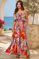 Scarlet floral strapless maxi dress by Dreamcatcher with double frill, waist tie and oversized frill hem