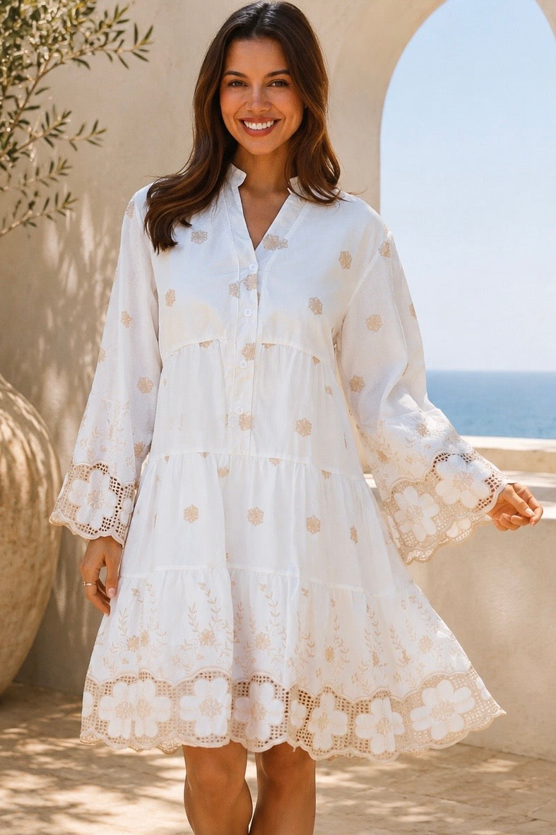 Honeyed Garden white cotton embroidered mini dress with floral cutwork hem and sleeves at Bohemian Love Runway