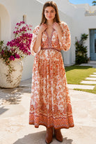 Shop Cinnamon V-Neck Kimono Sleeve Maxi Dress in rayon with a warm boho print at Bohemian Love Runway Australia